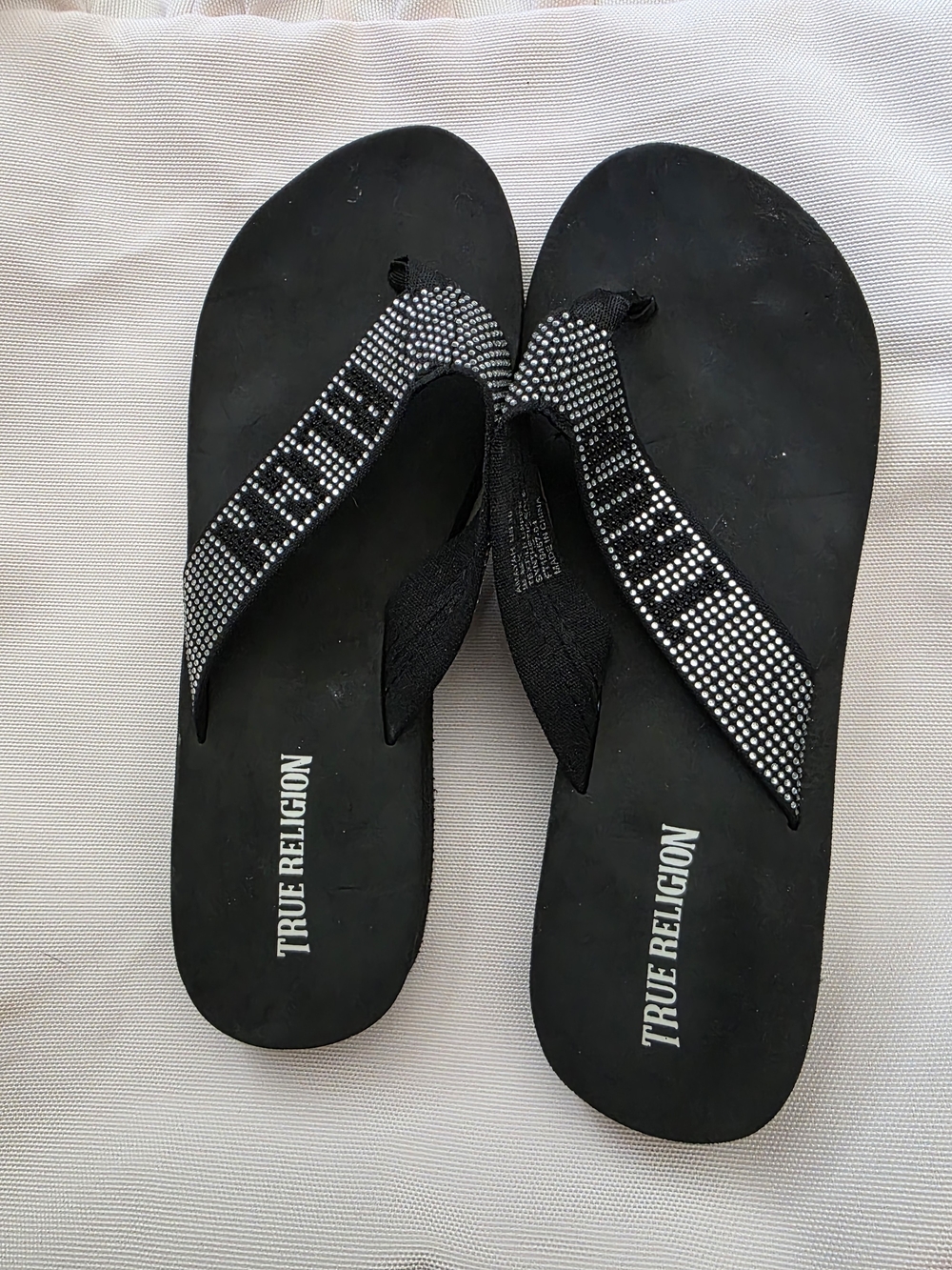 True Religion Women's Black Rhinestone-Accented Flip Flops